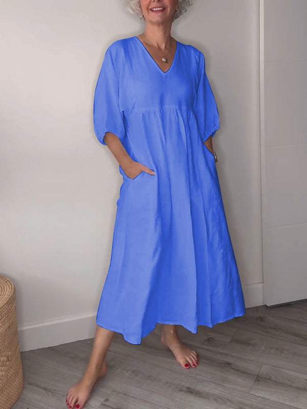 Women's V Neck Tummy Control Draped Midi Dress with Pockets Casual