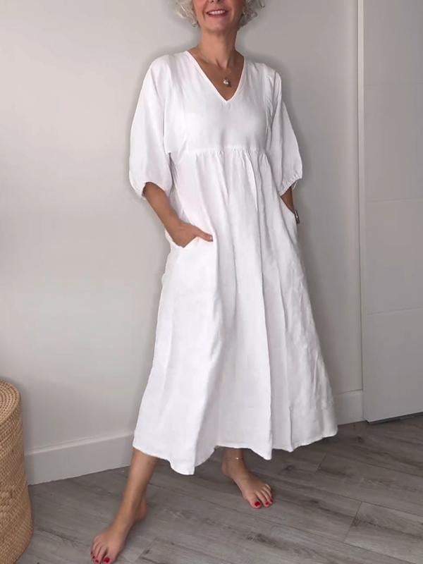 Women's V Neck Tummy Control Draped Midi Dress with Pockets Casual
