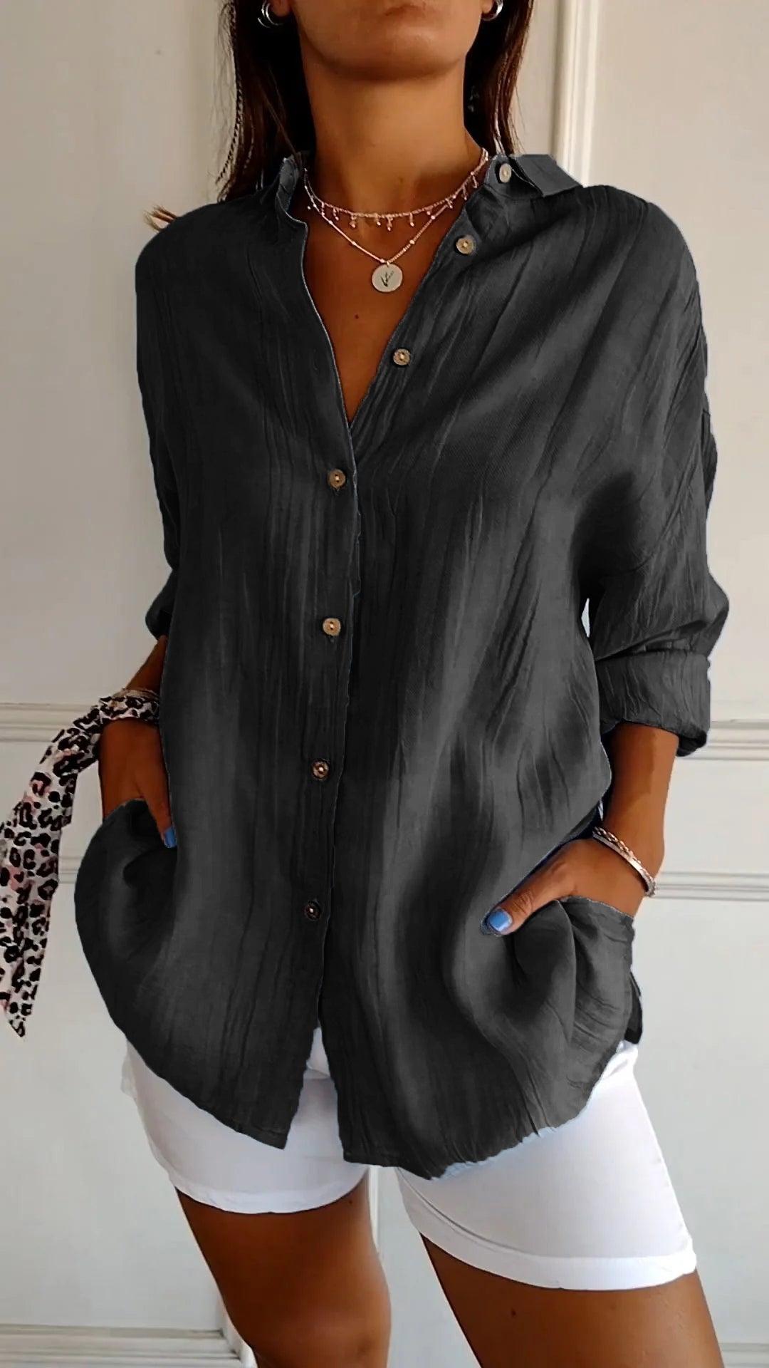 Women's Linen Button-Up Shirt Relaxed Fit Long Sleeve