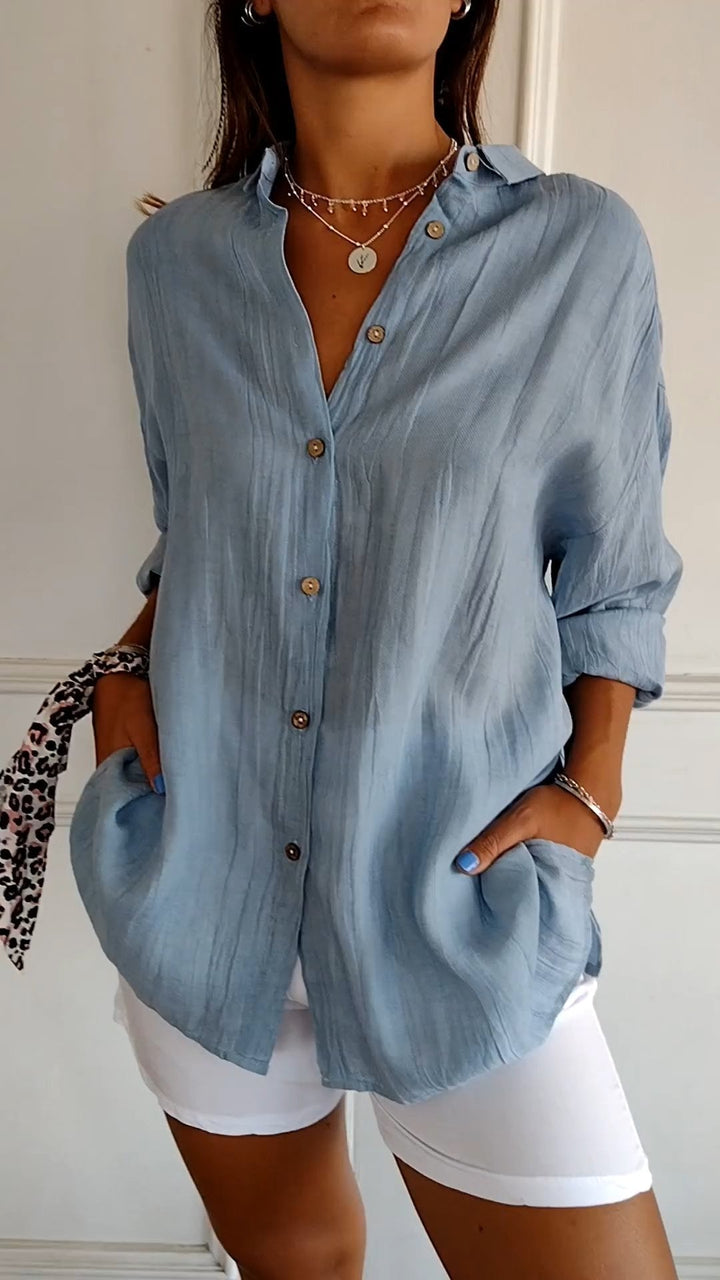 Women's Linen Button-Up Shirt Relaxed Fit Long Sleeve