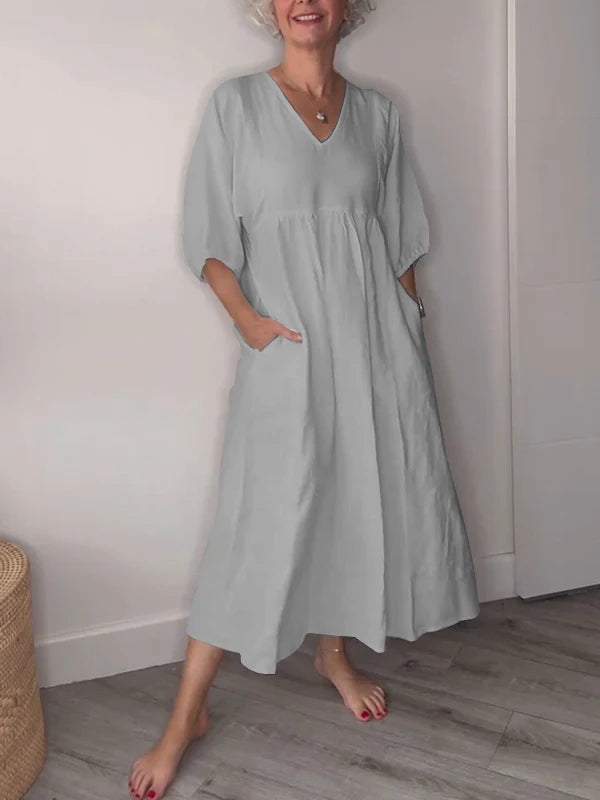 Women's V Neck Tummy Control Draped Midi Dress with Pockets Casual