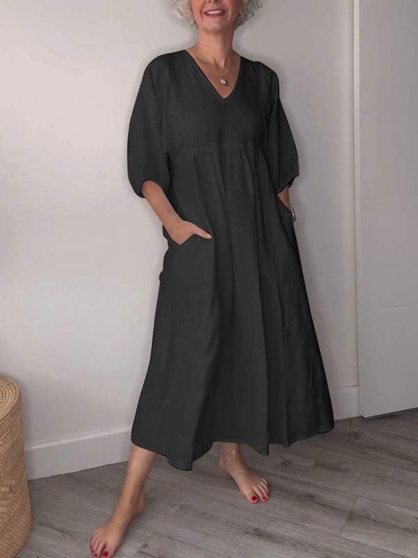Women's V Neck Tummy Control Draped Midi Dress with Pockets Casual