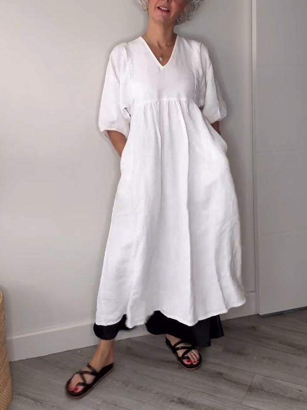 Women's V Neck Tummy Control Draped Midi Dress with Pockets Casual
