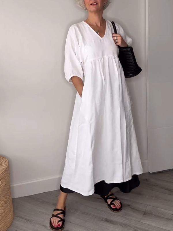Women's V Neck Tummy Control Draped Midi Dress with Pockets Casual