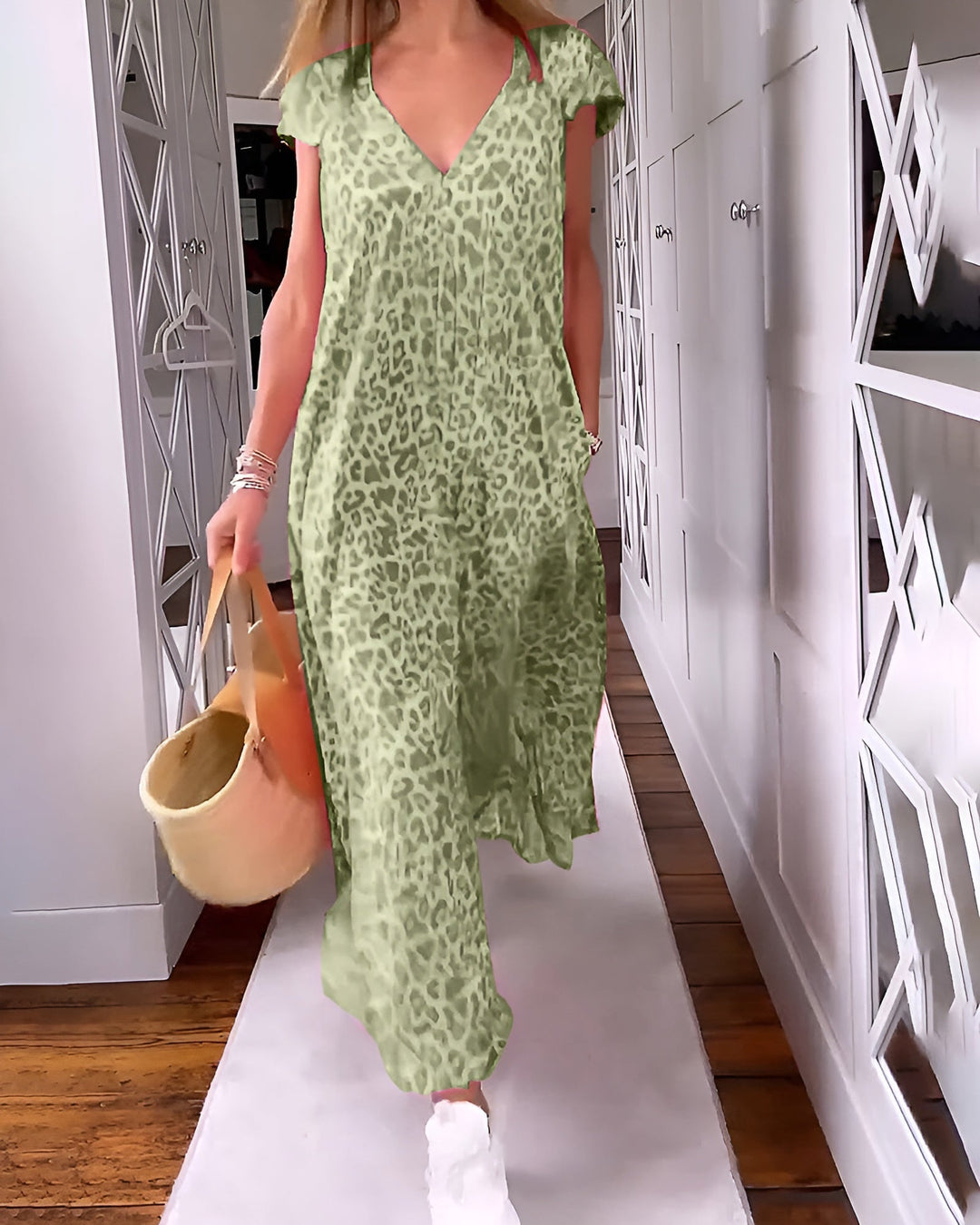 Women's V Neck Loose Fit Short Sleeve Printed Long Dress Cocktail