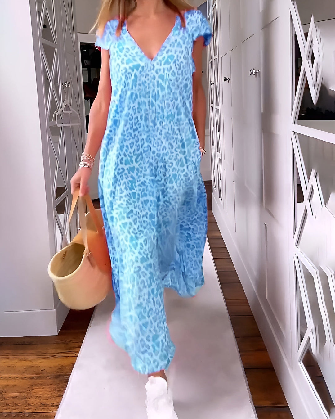 Women's V Neck Loose Fit Short Sleeve Printed Long Dress Cocktail