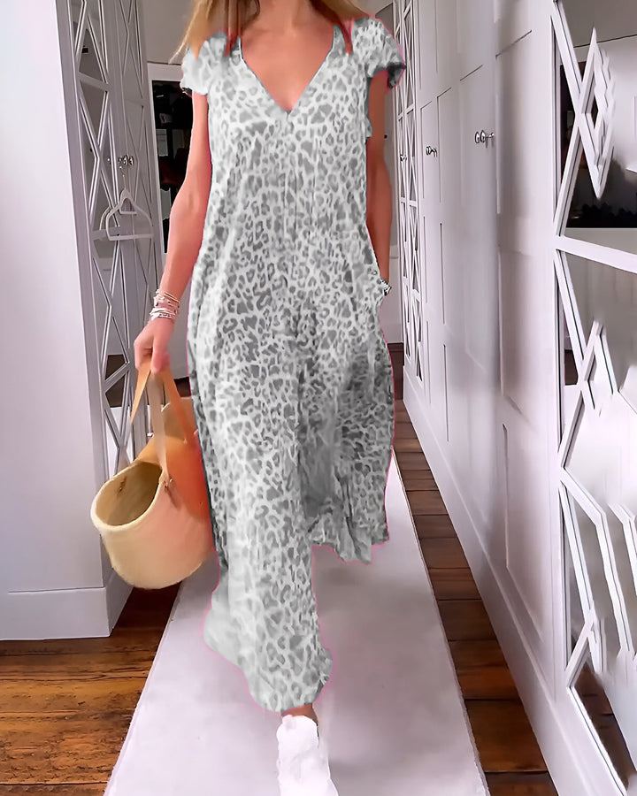 Women's V Neck Loose Fit Short Sleeve Printed Long Dress Cocktail
