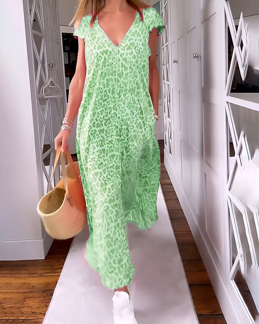 Women's V Neck Loose Fit Short Sleeve Printed Long Dress Cocktail