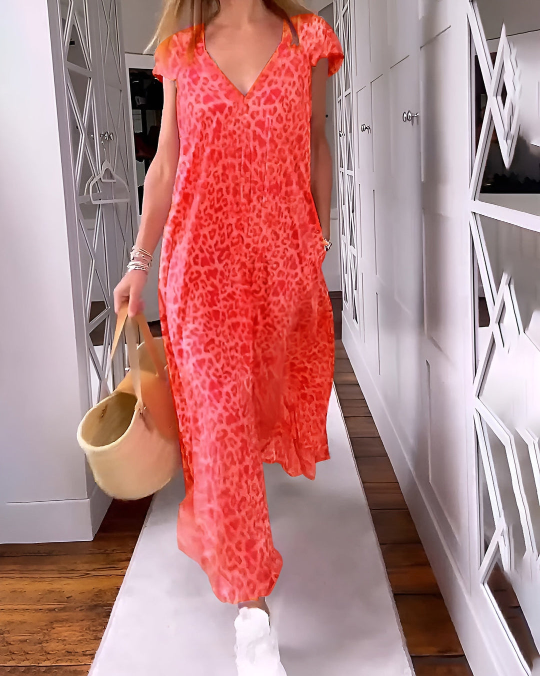 Women's V Neck Loose Fit Short Sleeve Printed Long Dress Cocktail