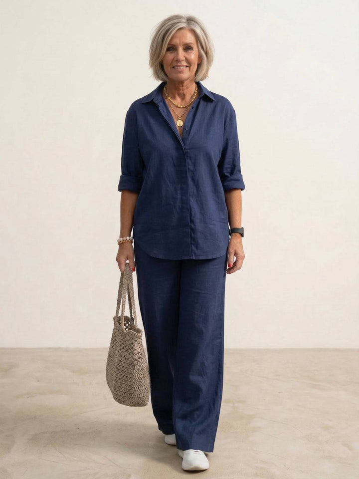 Women's Casual Button-Down Shirt and Wide-Leg Pants Set
