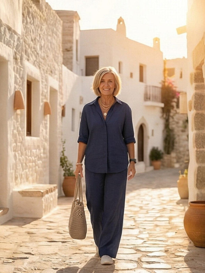 Women's Casual Button-Down Shirt and Wide-Leg Pants Set