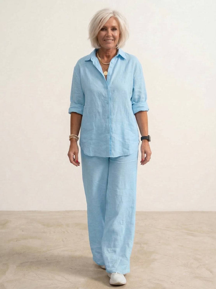 Women's Casual Button-Down Shirt and Wide-Leg Pants Set