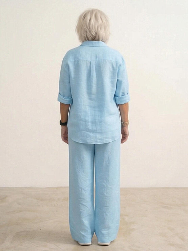 Women's Casual Button-Down Shirt and Wide-Leg Pants Set