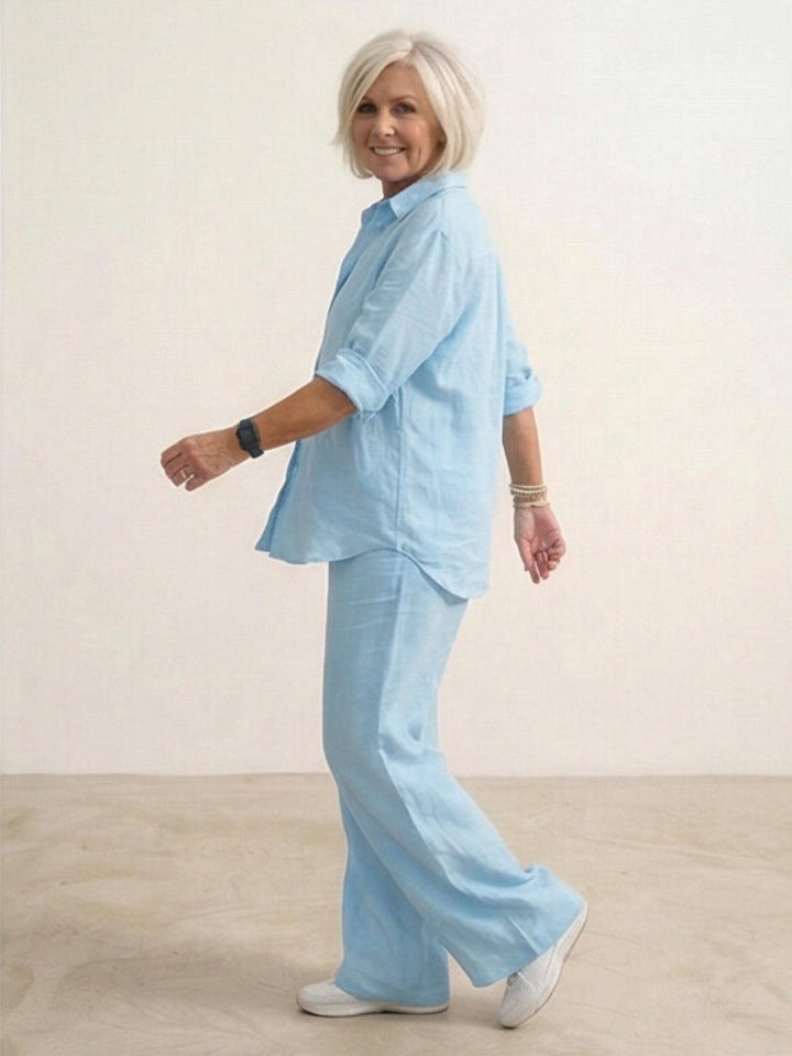Women's Casual Button-Down Shirt and Wide-Leg Pants Set