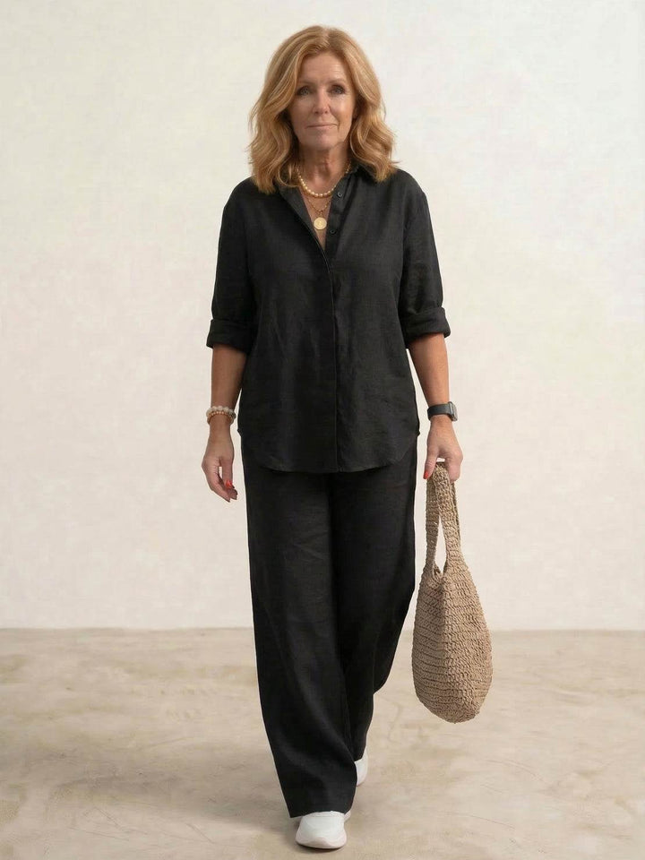 Women's Casual Button-Down Shirt and Wide-Leg Pants Set