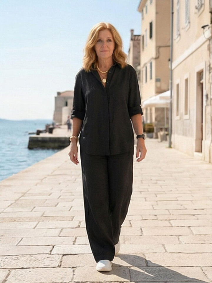 Women's Casual Button-Down Shirt and Wide-Leg Pants Set