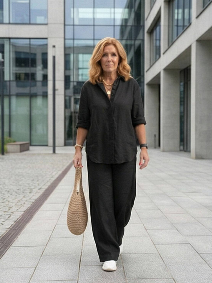 Women's Casual Button-Down Shirt and Wide-Leg Pants Set