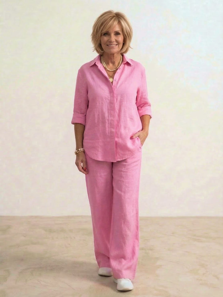Women's Casual Button-Down Shirt and Wide-Leg Pants Set