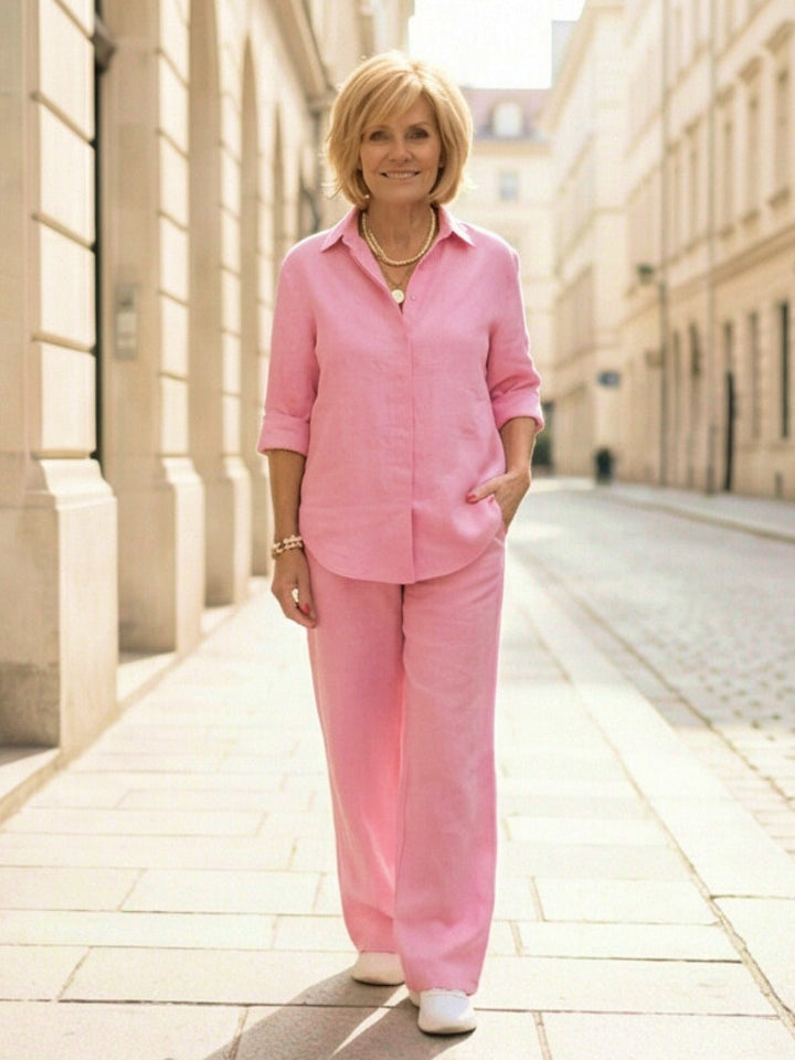 Women's Casual Button-Down Shirt and Wide-Leg Pants Set