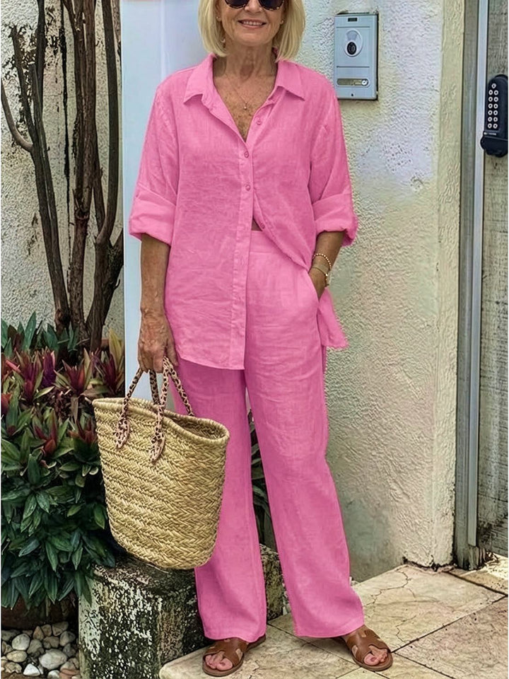 Women's Casual Button-Down Shirt and Wide-Leg Pants Set