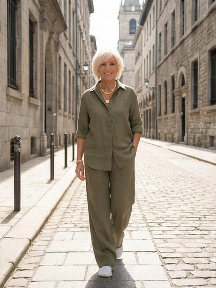 Women's Casual Button-Down Shirt and Wide-Leg Pants Set