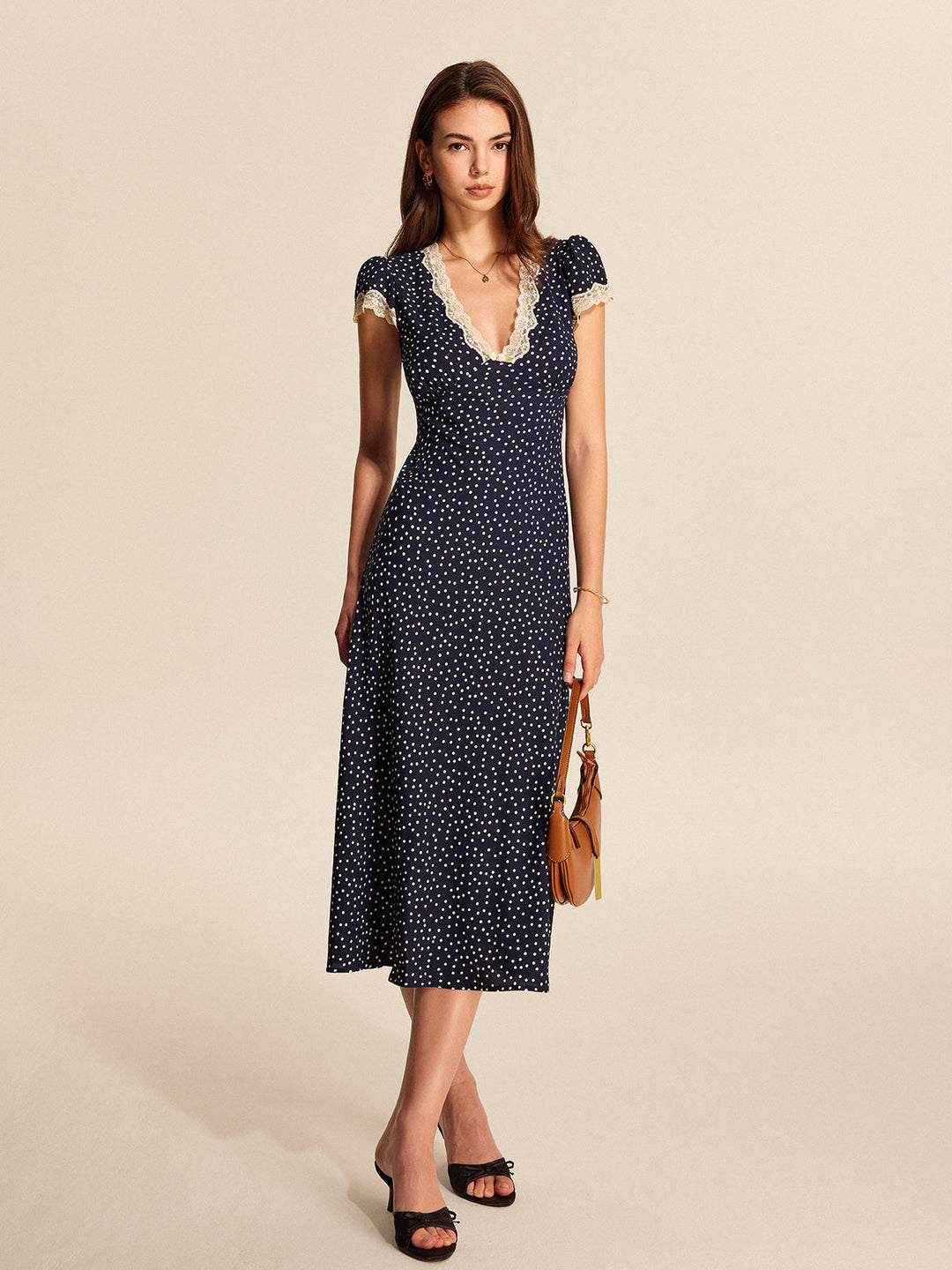Women's Polka Dot Lace Trim V-Neck Cap Sleeve Midi Dress