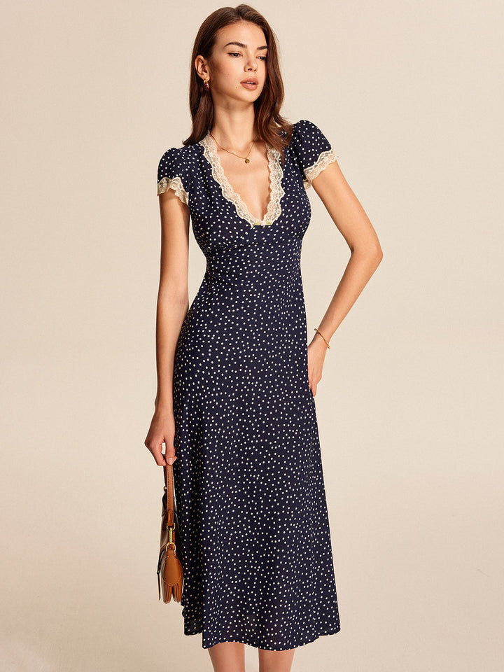 Women's Polka Dot Lace Trim V-Neck Cap Sleeve Midi Dress