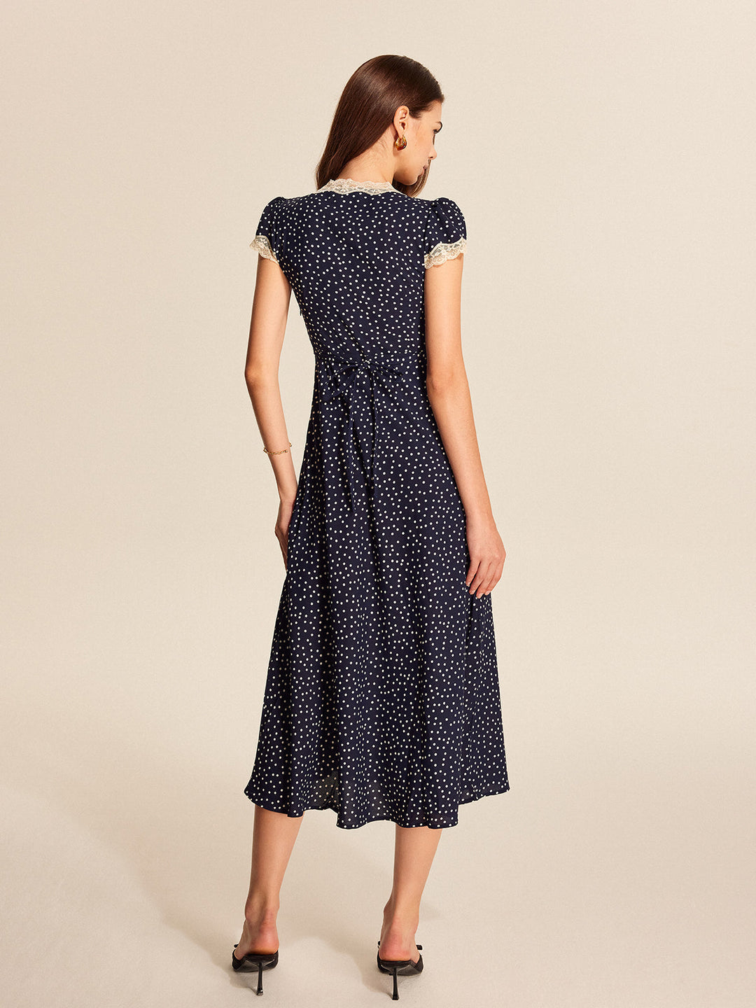 Women's Polka Dot Lace Trim V-Neck Cap Sleeve Midi Dress