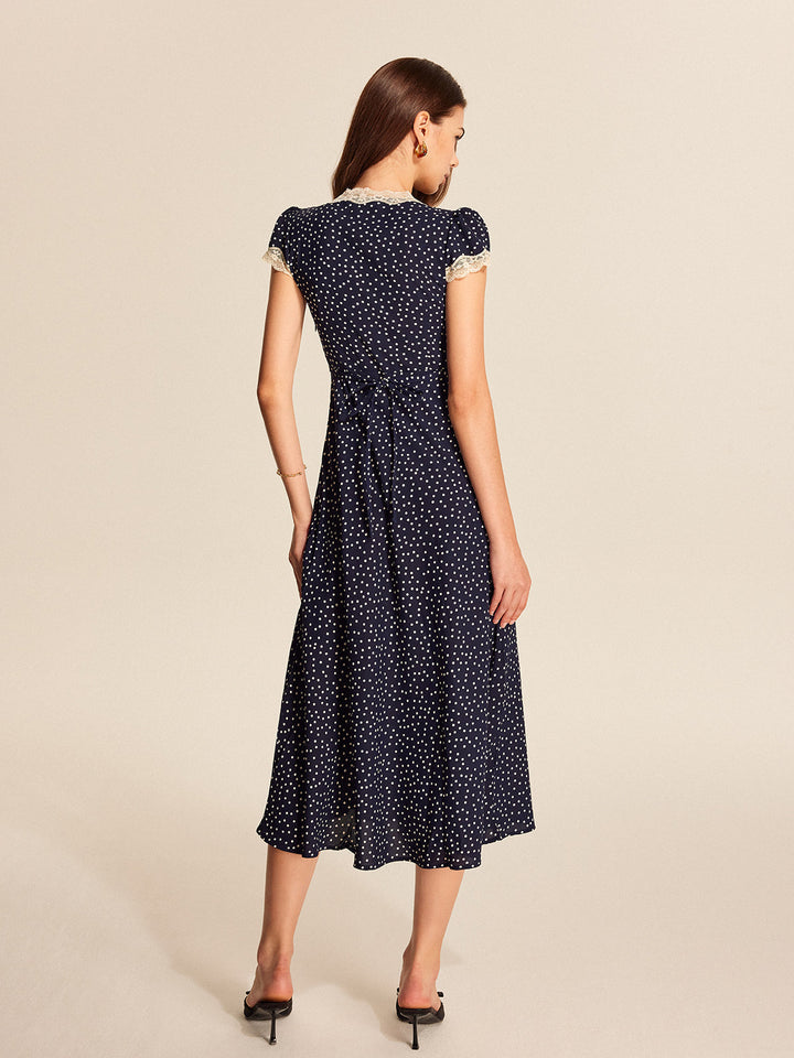 Women's Polka Dot Lace Trim V-Neck Cap Sleeve Midi Dress