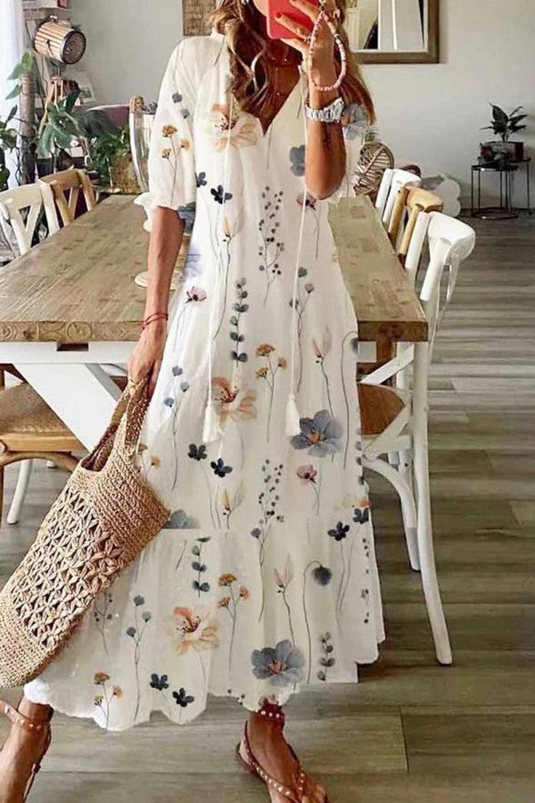 Women's Floral Maxi Dress V-Neck Tassel Boho Ruffle Hem Summer