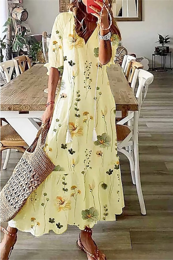 Women's Floral Maxi Dress V-Neck Tassel Boho Ruffle Hem Summer