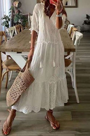Women's Floral Maxi Dress V-Neck Tassel Boho Ruffle Hem Summer