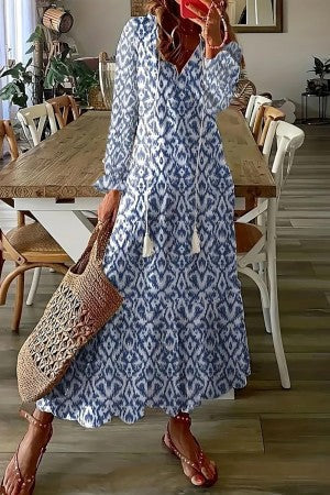 Women's Floral Maxi Dress V-Neck Tassel Boho Ruffle Hem Summer
