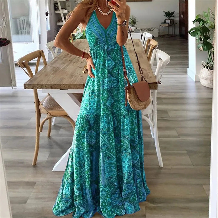 Women's V Neck Boho Flowy Draped Maxi Dress