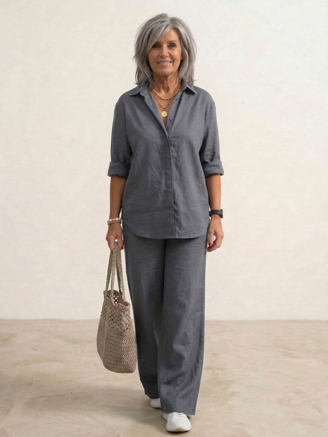 Women's Casual Button-Down Shirt and Wide-Leg Pants Set