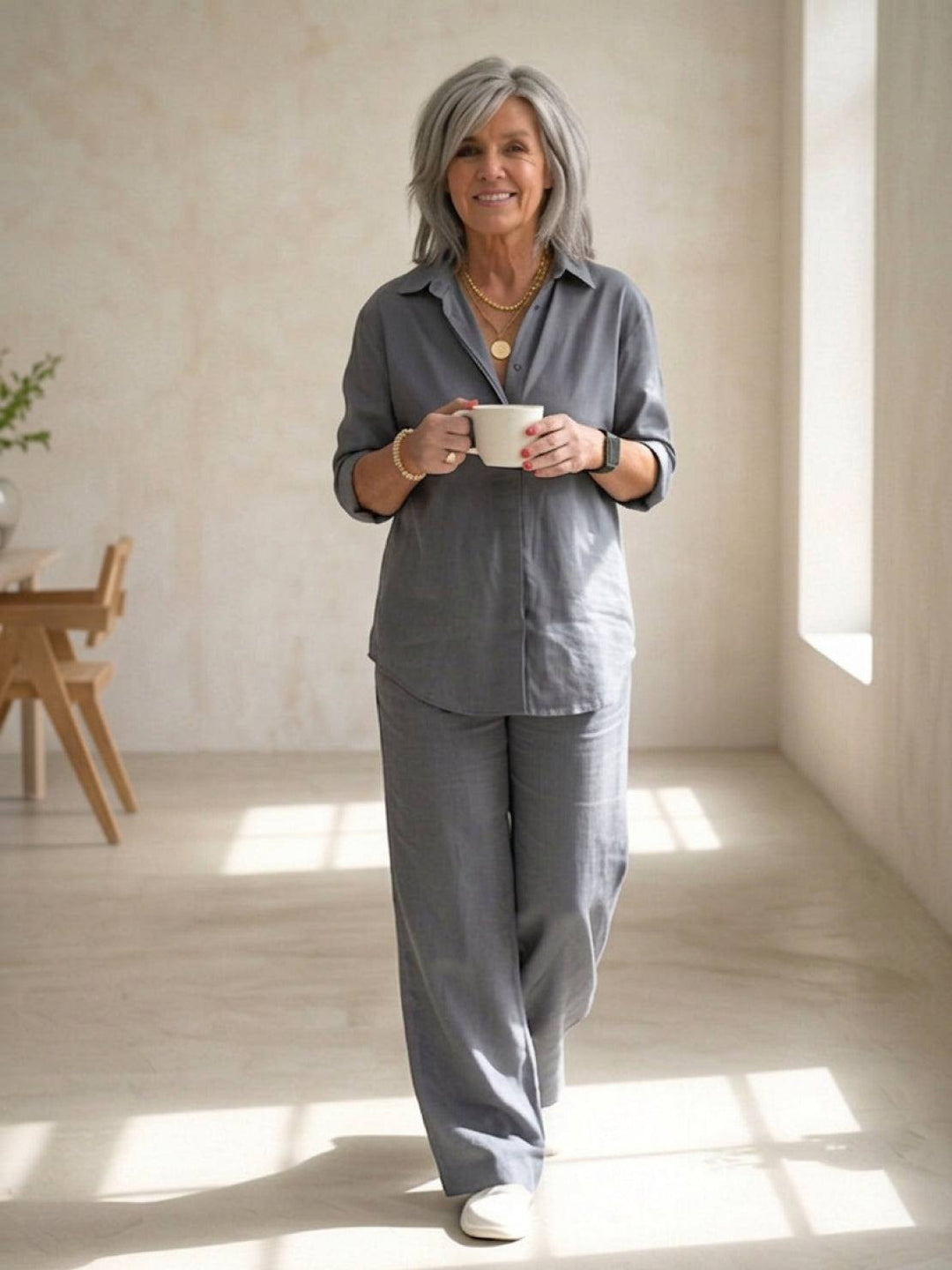 Women's Casual Button-Down Shirt and Wide-Leg Pants Set