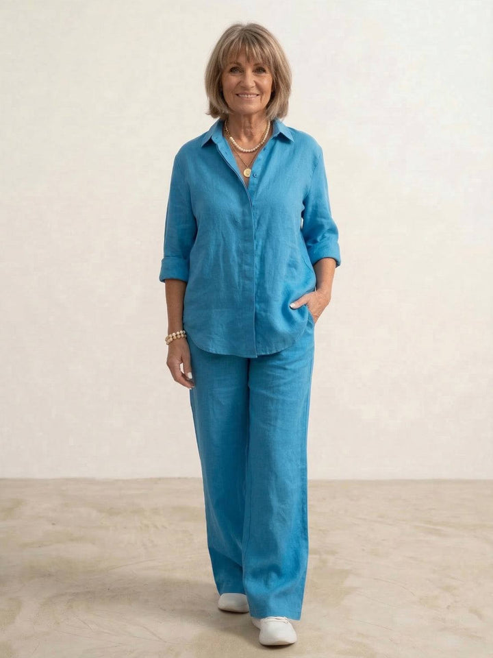 Women's Casual Button-Down Shirt and Wide-Leg Pants Set