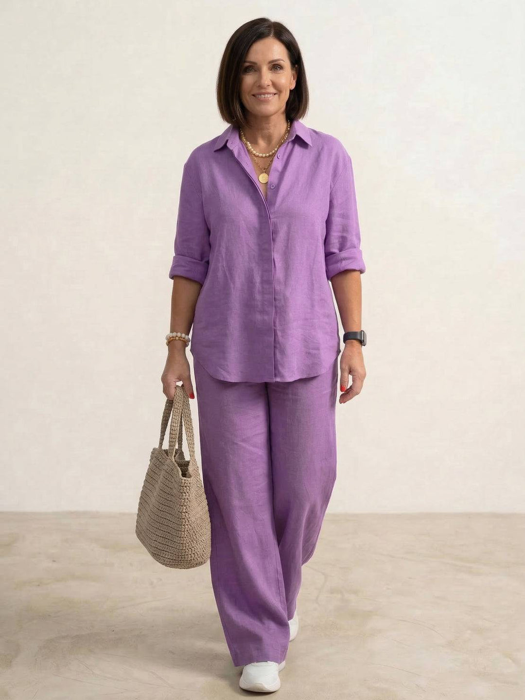 Women's Casual Button-Down Shirt and Wide-Leg Pants Set