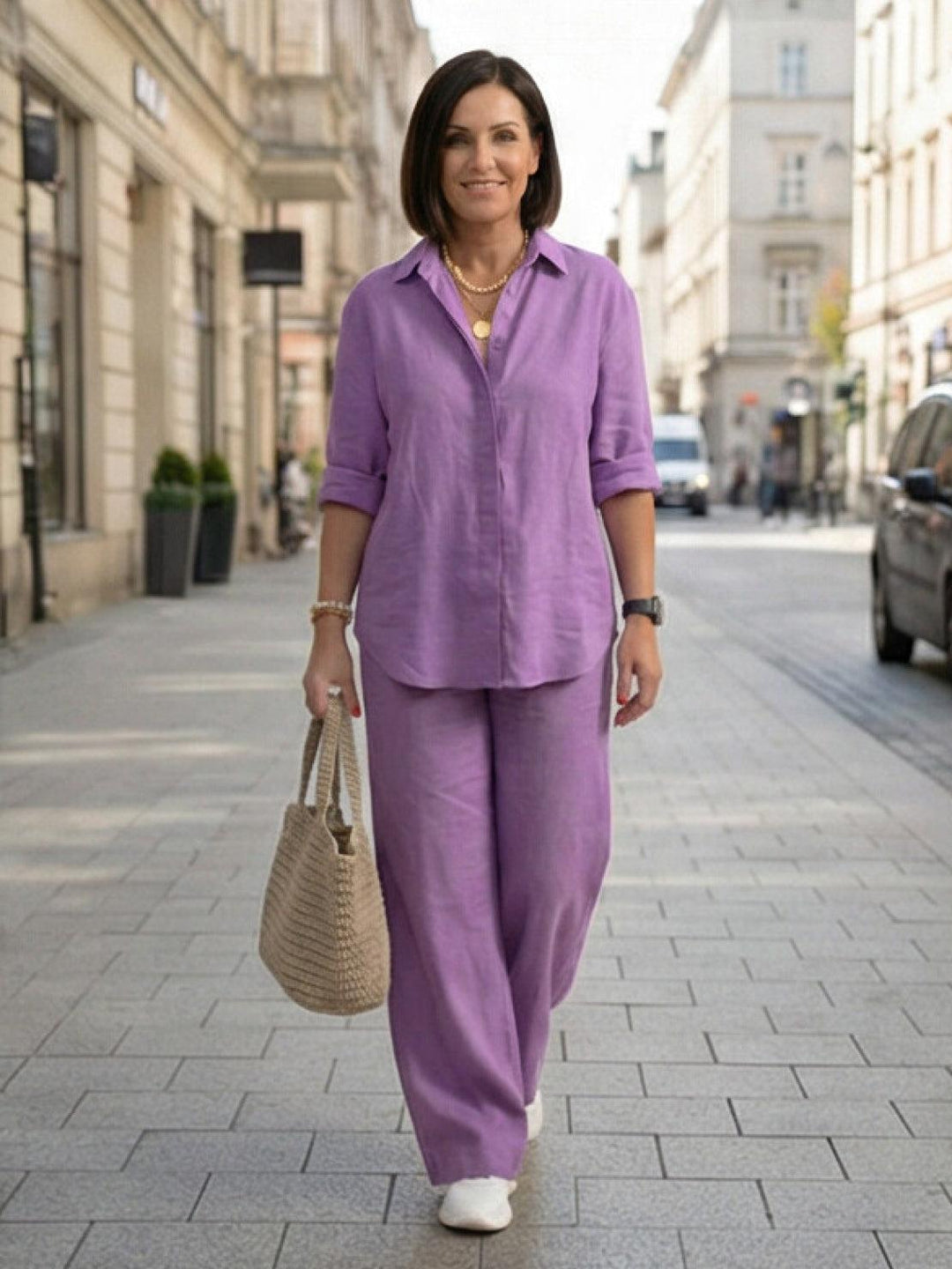 Women's Casual Button-Down Shirt and Wide-Leg Pants Set