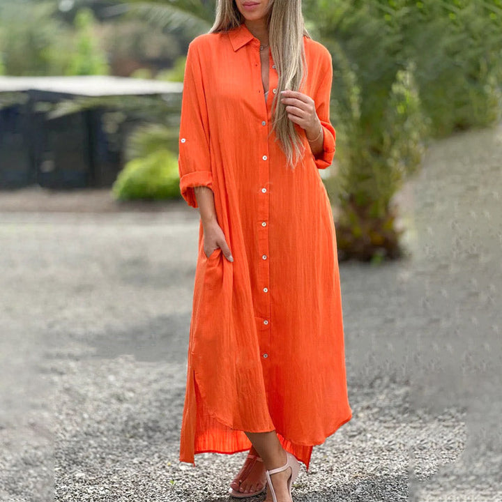 Women's Maxi Shirt Dress Button-Up Long Sleeve Side Slit