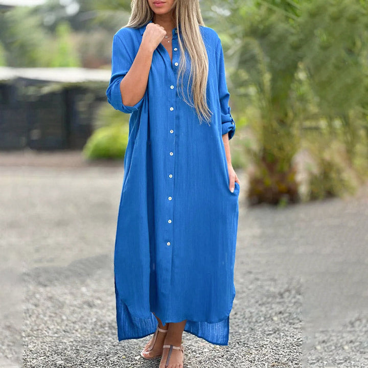 Women's Maxi Shirt Dress Button-Up Long Sleeve Side Slit