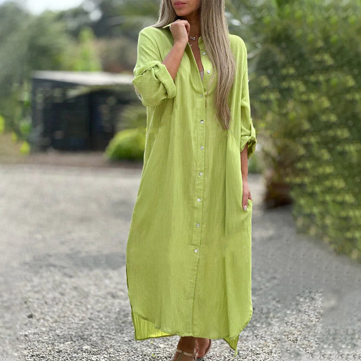 Women's Maxi Shirt Dress Button-Up Long Sleeve Side Slit
