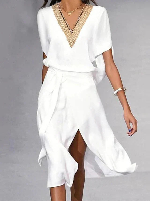 Women's White Midi Dress V-Neck Gold Trim Short Sleeve