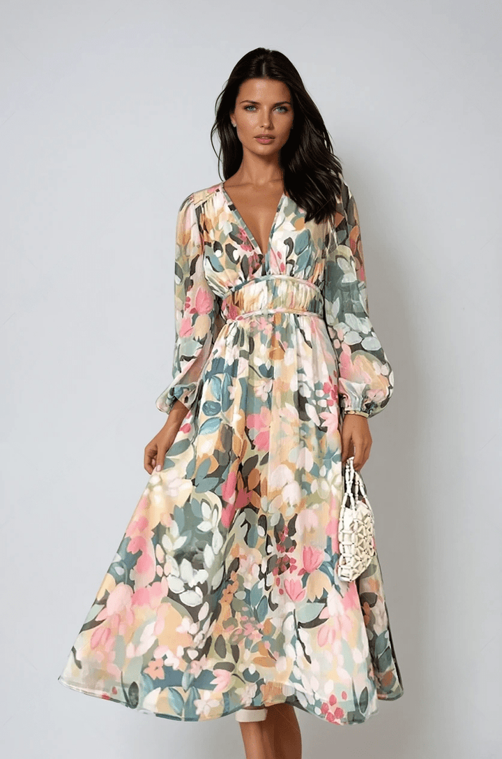 Women's Floral Print V-Neck Long Sleeve Midi Dress